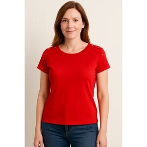 Talbots Petites Red Stretch Weekend Tee – Size LP – Button Shoulder Detail